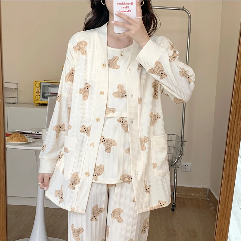 

Spring Autumn Pregnancy Home Suit Three-Pack Cotton Nursing Pajama Outfit Postpartum Feeding Nightwear for Pregnant Ladies
