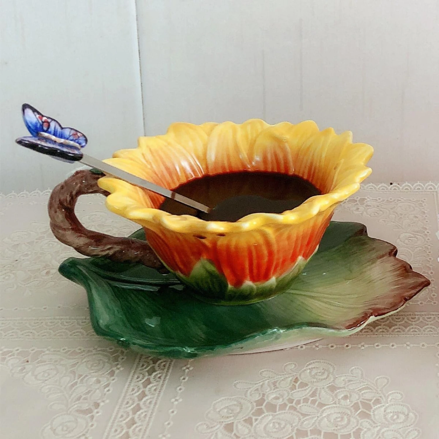 

Elegant Ceramic Tea Mug Set with Spoon, Exquisite 3D Handmade and Hand-painted Sunflower and Leaf Design Coffee Cup and Saucer,