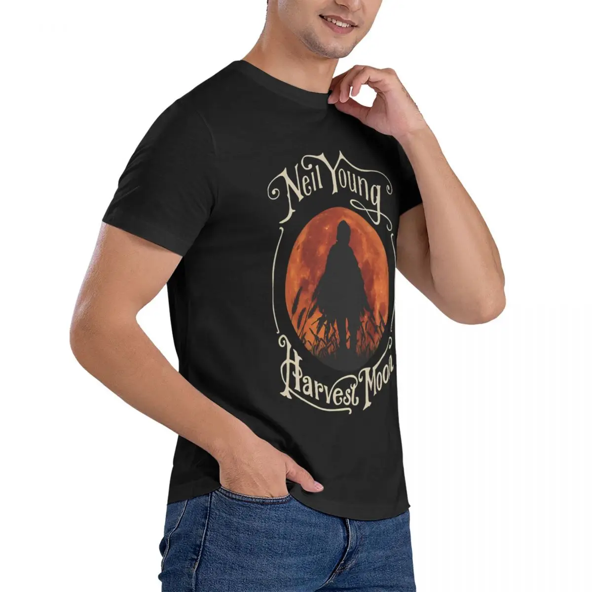 Vintage Rock Harvest Moon In Night Hallowen T Shirts Neil Young Pure Cotton Clothing Hipster Short Sleeve Round Neck Tee Shirt