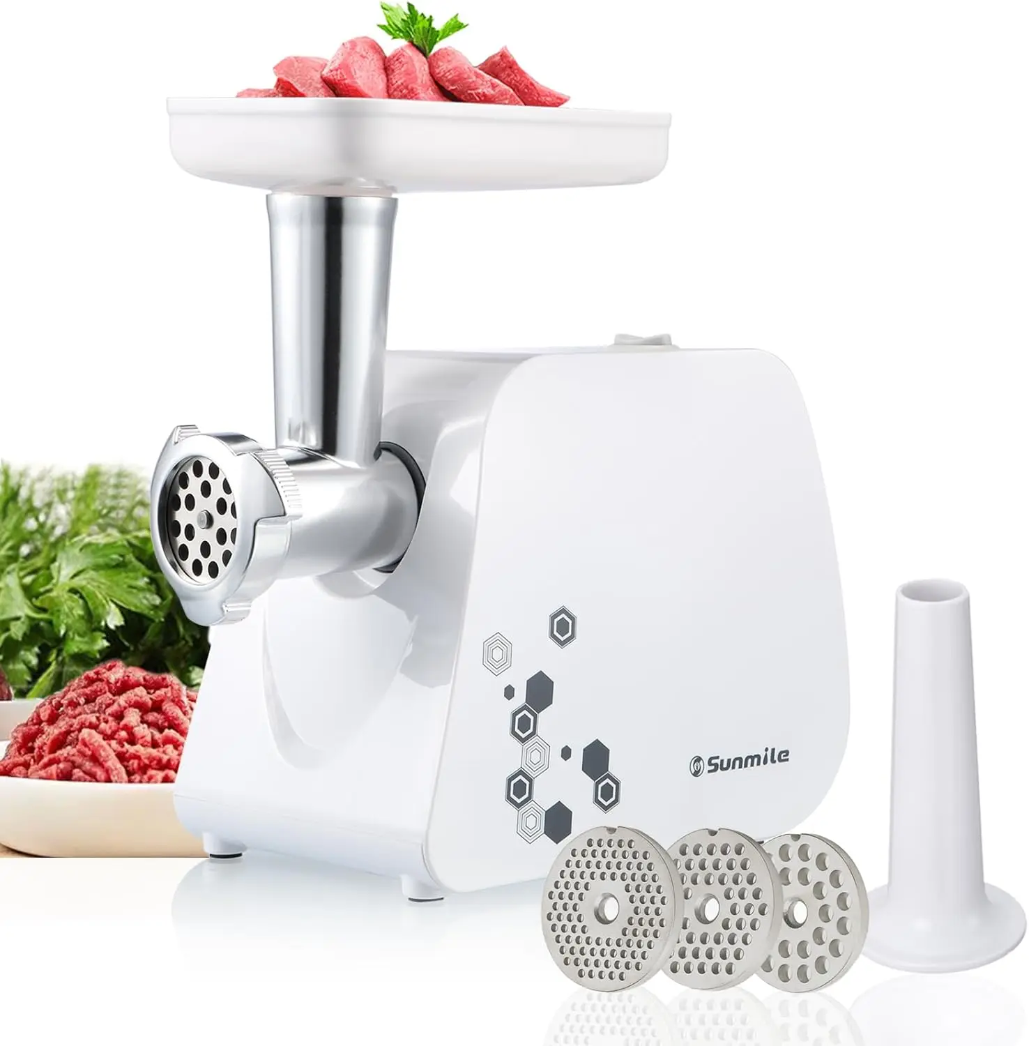 

Electric Meat Grinder with Sausage Maker, 1000W Stainless Steel Blade, 3 Grinding Plates, White