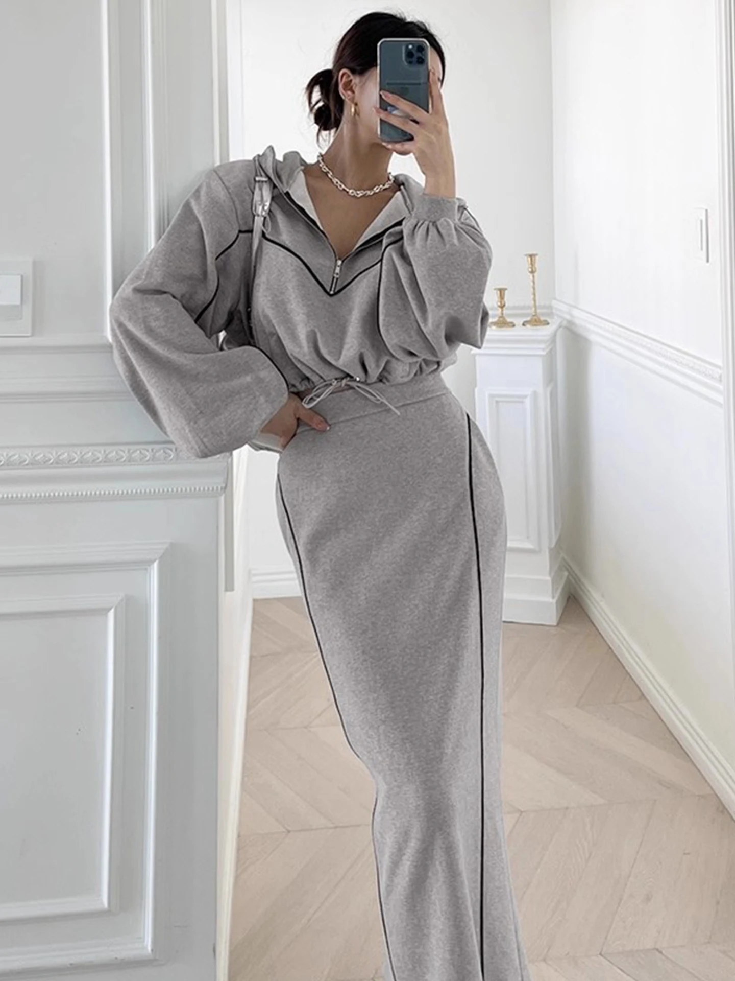 

Chic Autumnal Hooded Zipper fway Sweatirt Women's High Waist Split Skirt Faionable Contrast Color Commute Sle