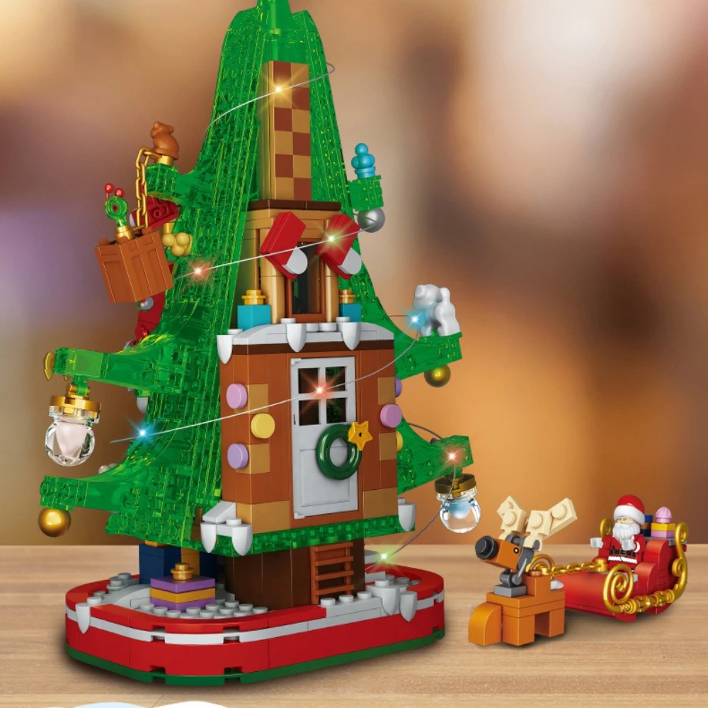 MOC 크리스마스 산타 클로스 트리 하우스 빌딩 블록 세트 겨울 진저 브레드 조명 DIY 장난감 어린이를위한 생일 선물