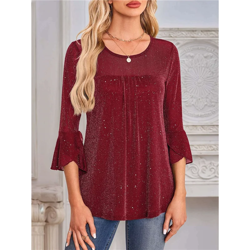 ASDS-dames ruches 3/4 mouw elegante chic blouses ronde hals dubbele lagen mesh tuniek tops