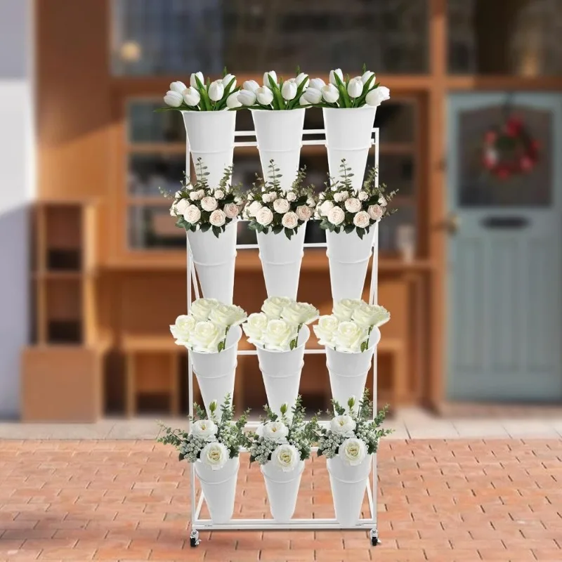 Flower Display Stand with 12pcs Buckets 4 Layers Metal Moving Florist Bouquet Shelf with 4 Wheels for Patio Garden (White)