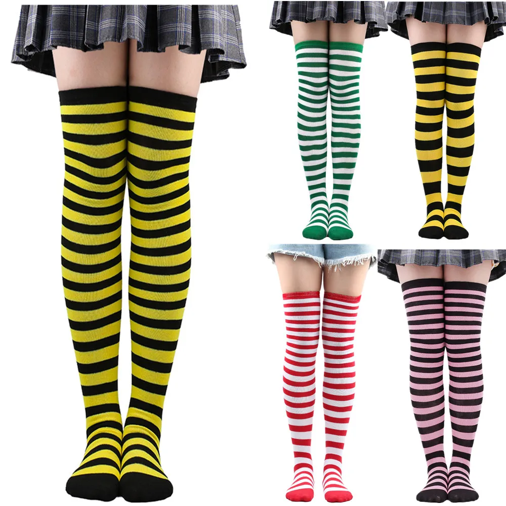 1 Pair Women's Yellow Black Striped Thigh High Stocking Over The Knee Socks Ladies Multi-Color Cute Cotton Socks Christmas Gift