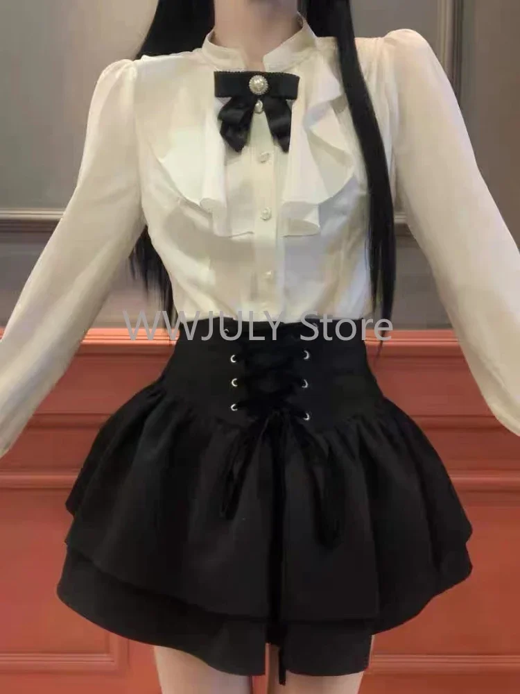 2024 New Preppy Style Skirt Suit Casual White Shirt Tops + High Waist Slim Y2k Mini Skirt Korean Fashion Suit Design Chic