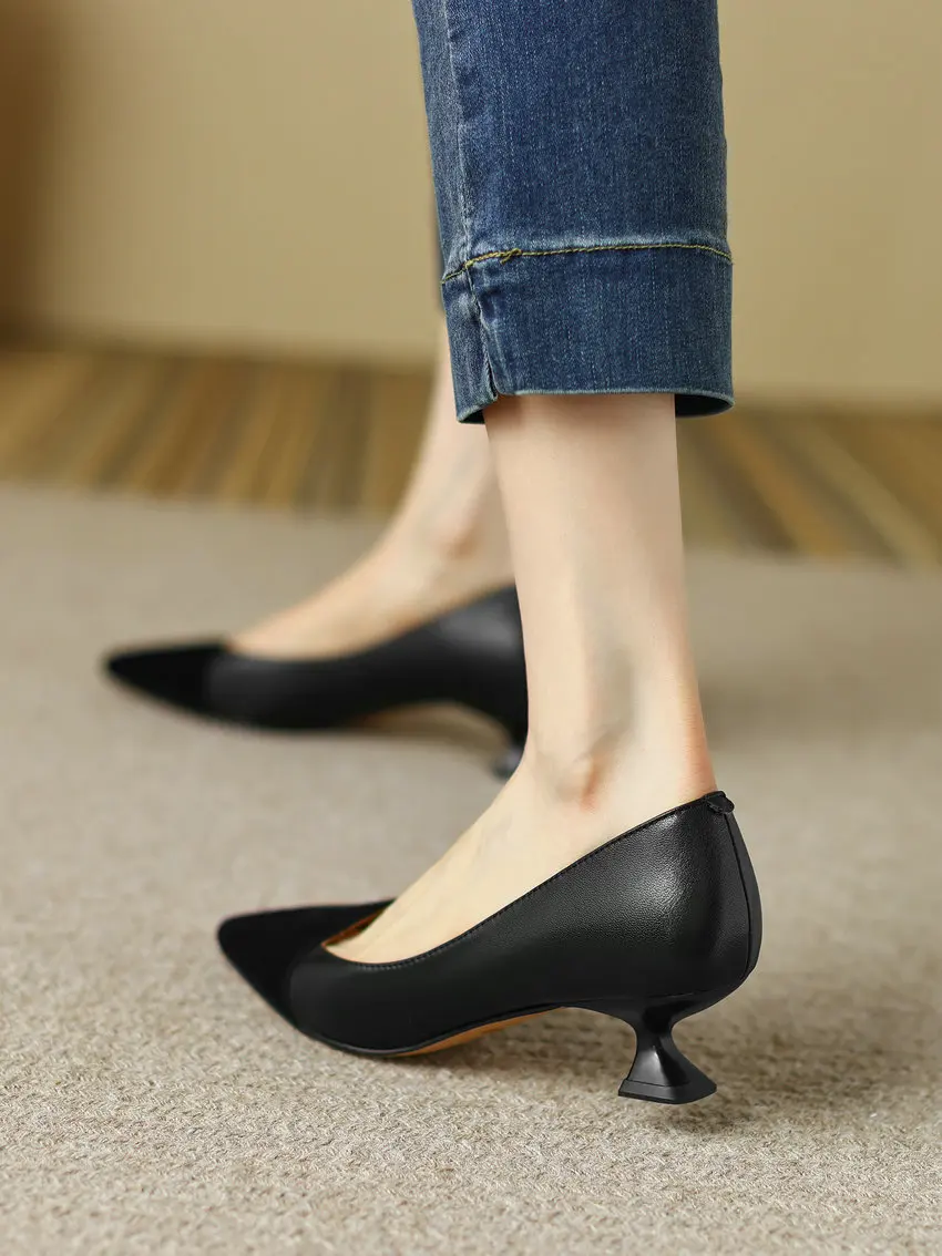 QUTAA 2022 Women Shoes Dress Office Ladies Spring Summer Pointed Toe Med Heel Pumps Genuine Leather Shoes Woman Size 34-39