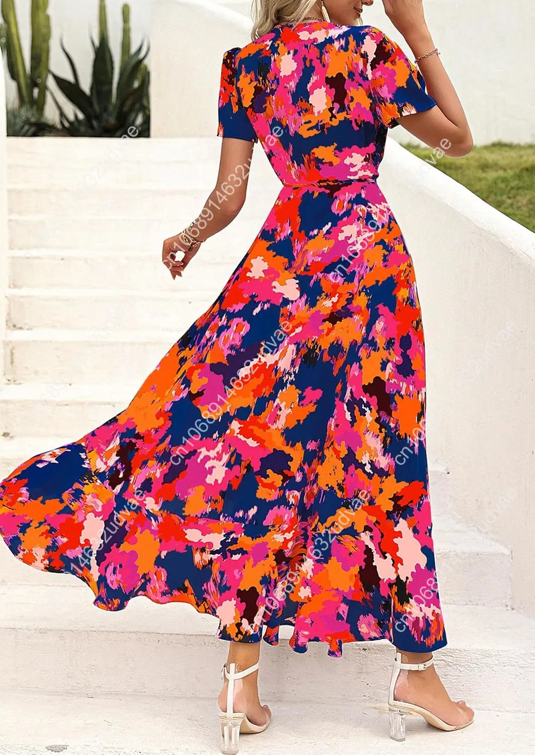 Women's Summer Maxi Dress Casual Wrap Floral Boho Short Sleeve V Neck Split Ruffle Beach Long Dresses