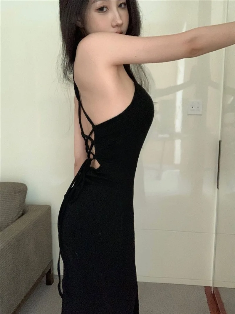 Slim Long Dresses Women Solid Lace-up Side-slit Halter Sexy European Style Retro Party Club Summer Backless Beach Spicy Girls