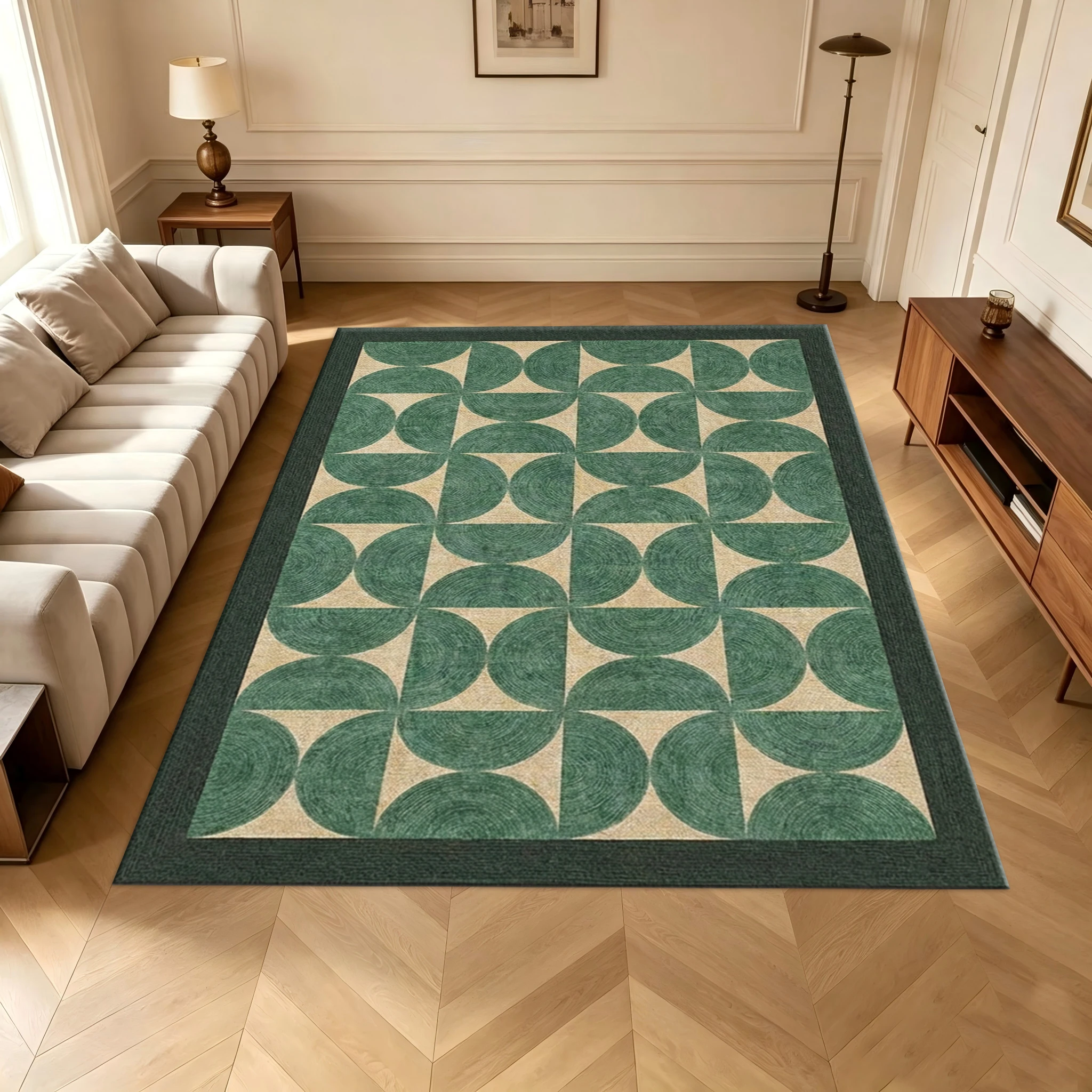 Retro Green Semi‑Circle Geometric Carpet Flooring Vintage Style Home Living Room Decor Area Rug