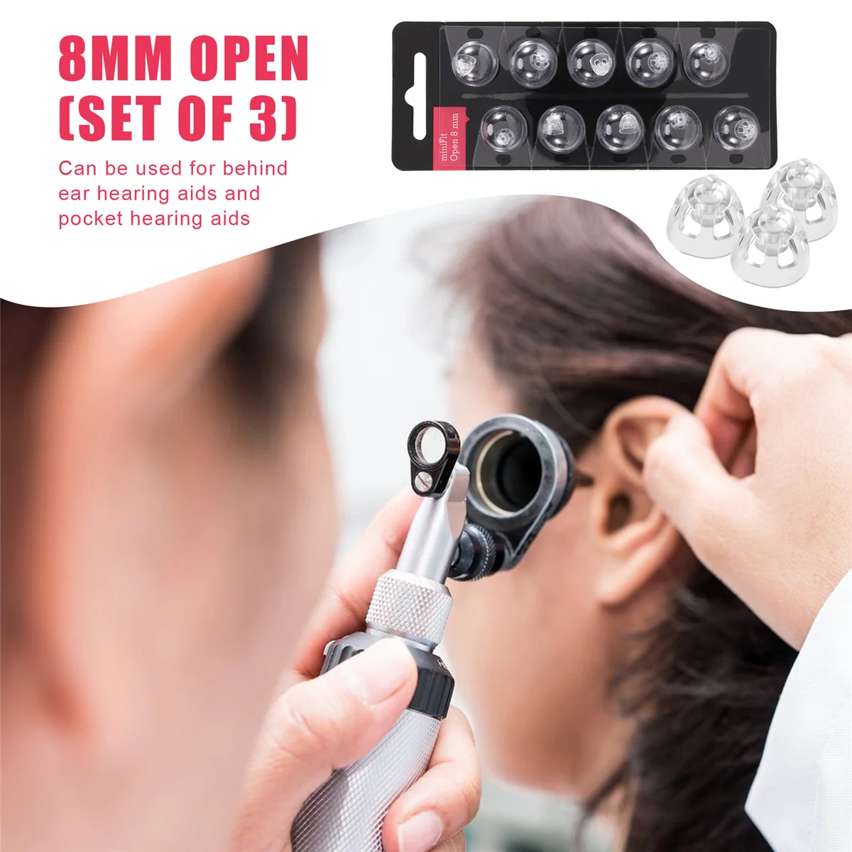 ミニフィットベース用ユニバーサルドーム、補聴器用品、オープン、8mm、3パック