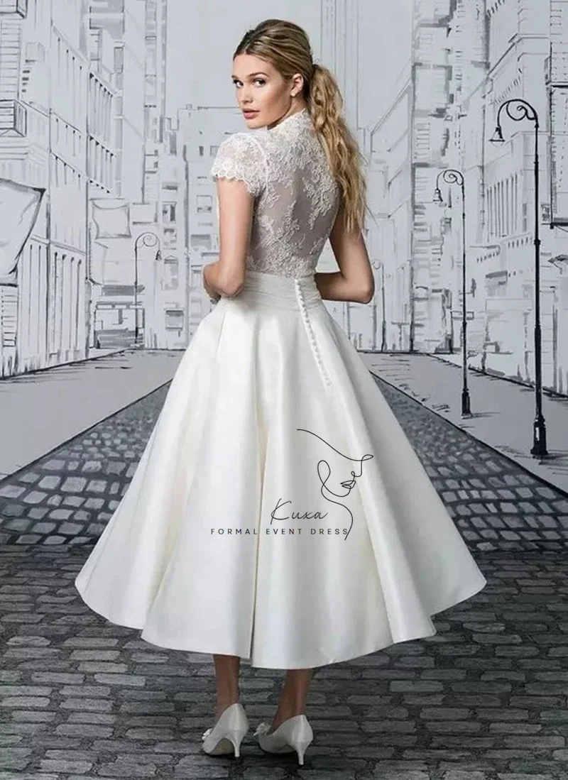 KUXA Customized Princess Short Wedding Dresses  Tea-Length Cap Sleeves V-Neck Lace Button Elegant A-Line Satin Bridal Gowns 2026