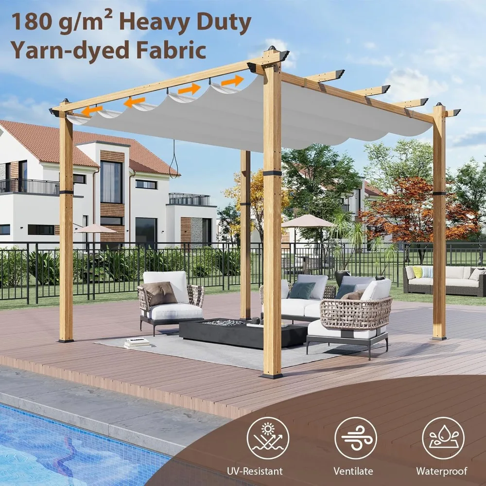 

10x10FT Outdoor Aluminum Pergola with Adjustable Canopy, Faux Wood Grain Metal Frame Shade for Patio, Garden, Backyard, Deck