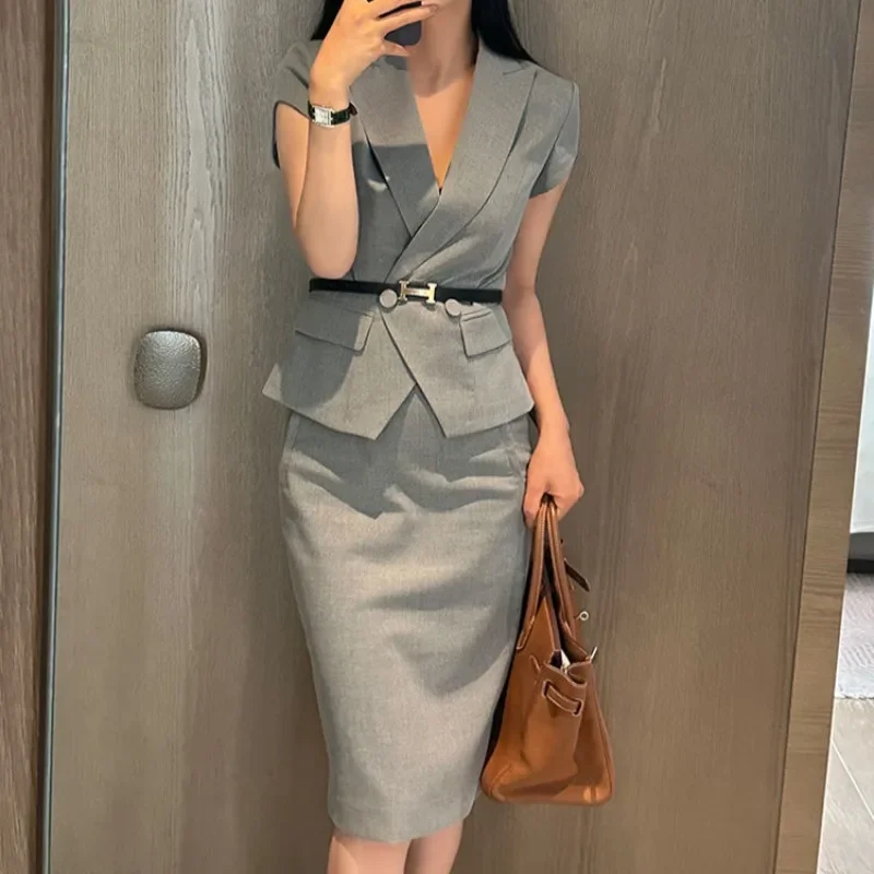 Office Commuting Suits 2 Pieces Sets for Women Sexy Slim Fit Woman Outfit Skirt Midi Short Sleeve Clothing New Arrivals Jacket