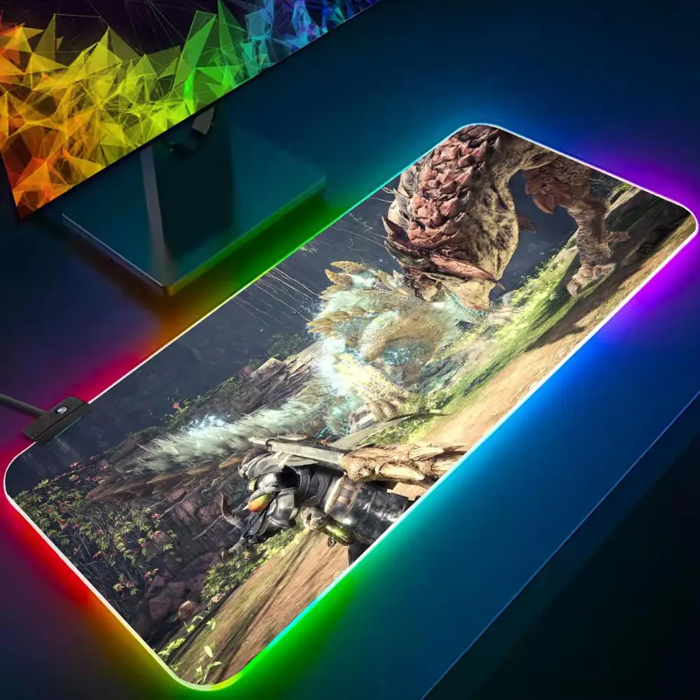 monster hunter Mouse Pad RGB Gaming Mousepad Big LED Pad PC Desk Mat Luminous Mouse Pad Large Keyboard Mats Table Rug With