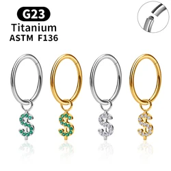 F136 G23 Titanium Piercing Hoop Earring Green Zircon Dollar Sign 16G Round Nose Ring Ear Tragus Cartilage Helix Body Jewelry