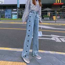 Retro Ladies Straight Pants Blue Personality High Waist Jeans Heart Print Slim Embroidery Casual Pants High Street Pants