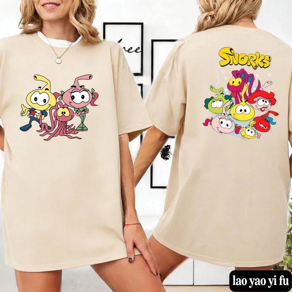 

Vintage Snorks Double Sided T Shirt for Men Women Cute Cartoon Graphic Tee Casual Cotton Summer Tops Retro Animation Streetwear