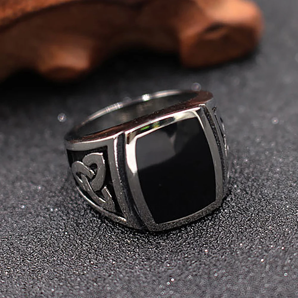 Fashion Vintage Black Stone Square Ring For Men Stainless Steel Nordic Viking Celtics Knot Rings Amulet Jewelry Gifts Wholesale