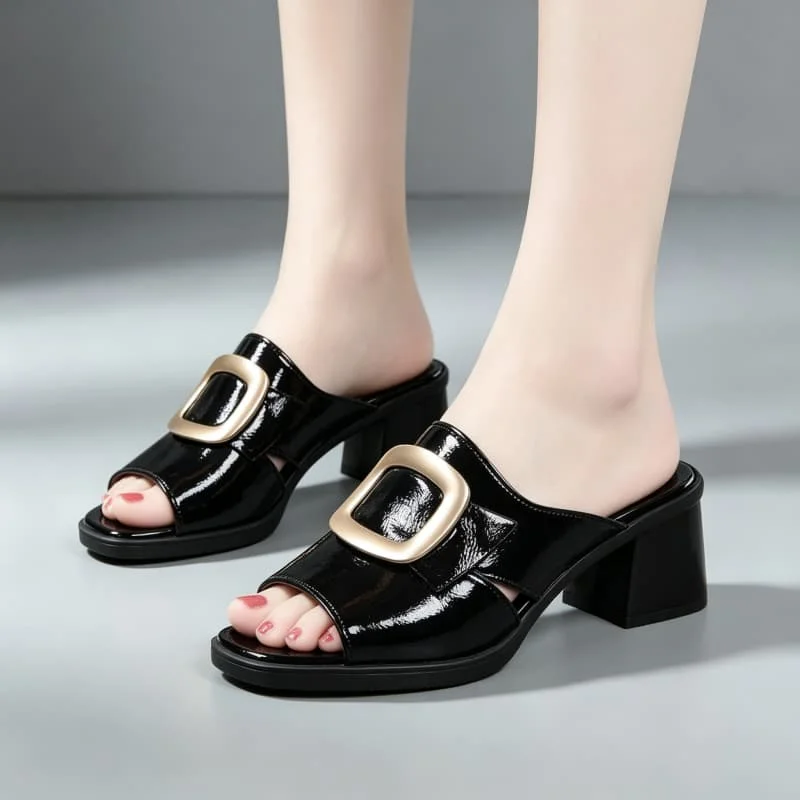 

5cm Plus Size 35-42 Comfortable Patent Leather Slippers Women's Platform Shoes 2026 Summer Women's Block Heel Slides Office Mom