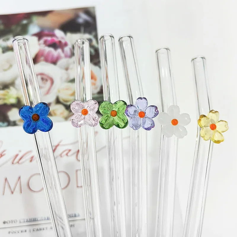 

6-Piece Flower Drinking Straw Set High Borosilicate Glass Bent Straws with Brush for Milk, Coffee, and Cocktails