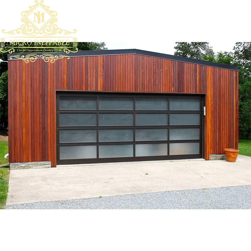 Contemporary Modern Wooden Grain Steel Black Window Frames Tinted Glass Garage Door For House