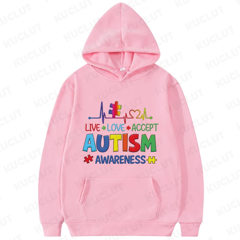 Woman Hoodies Live Love Accept Autism Awareness Y2k Clothes Awareness Month Hoody Long Sleeve Sweatshirts Outerwears Hooded