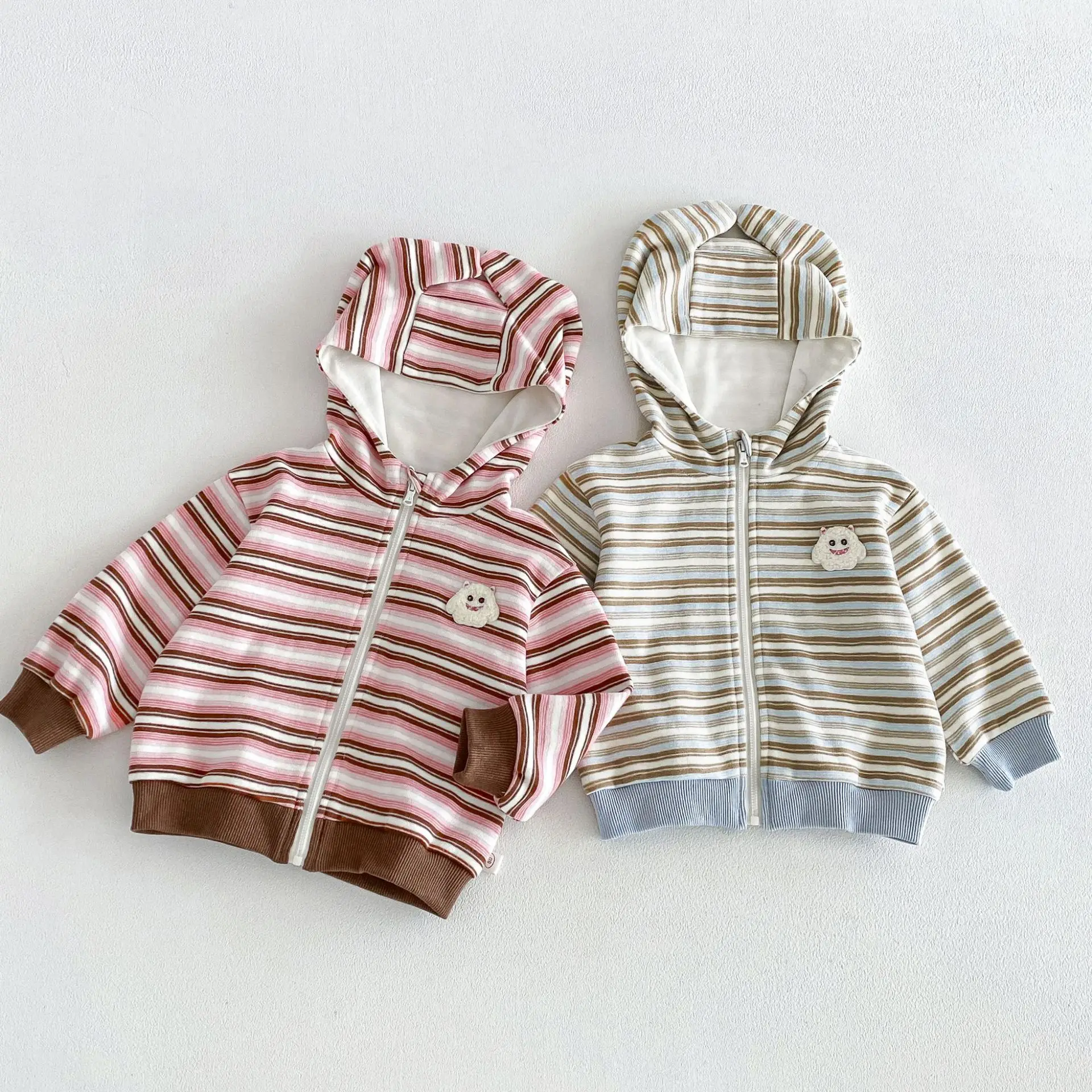 2026 Fall 1-6Y Children Girl Striped Hooded Jacket Cartoon Patch Casual Coat Outerwear Baby Daily Outfit Autumn Kids Clothes