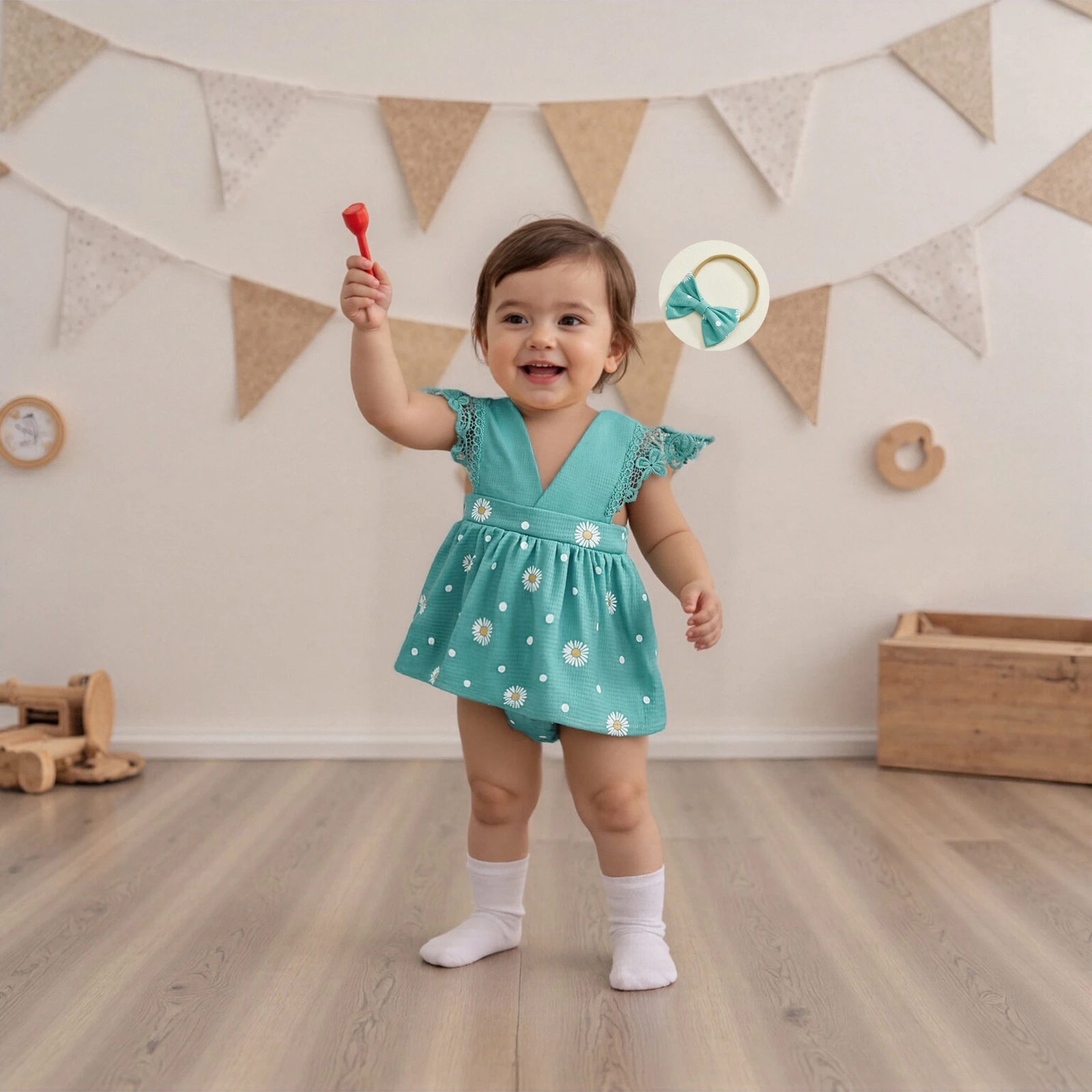 Baby Girl 2 Piece Outfit Sleeveless V Neck Daisy Dot Print Lace Shoulder Accents Romper Dress Bow Headband Set
