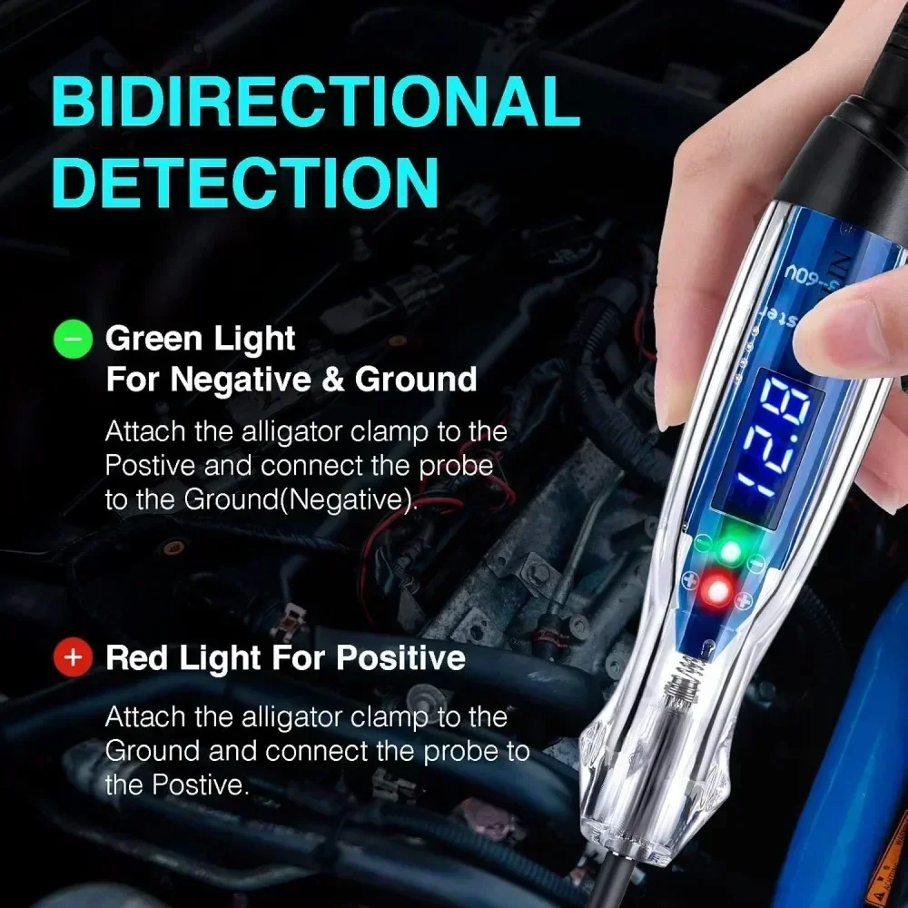 Car Test Light Digital LED Circuit Tester Heavy Duty Light Tester with Voltmeter Auto Bidirectional Voltage Tester DC 3-60V