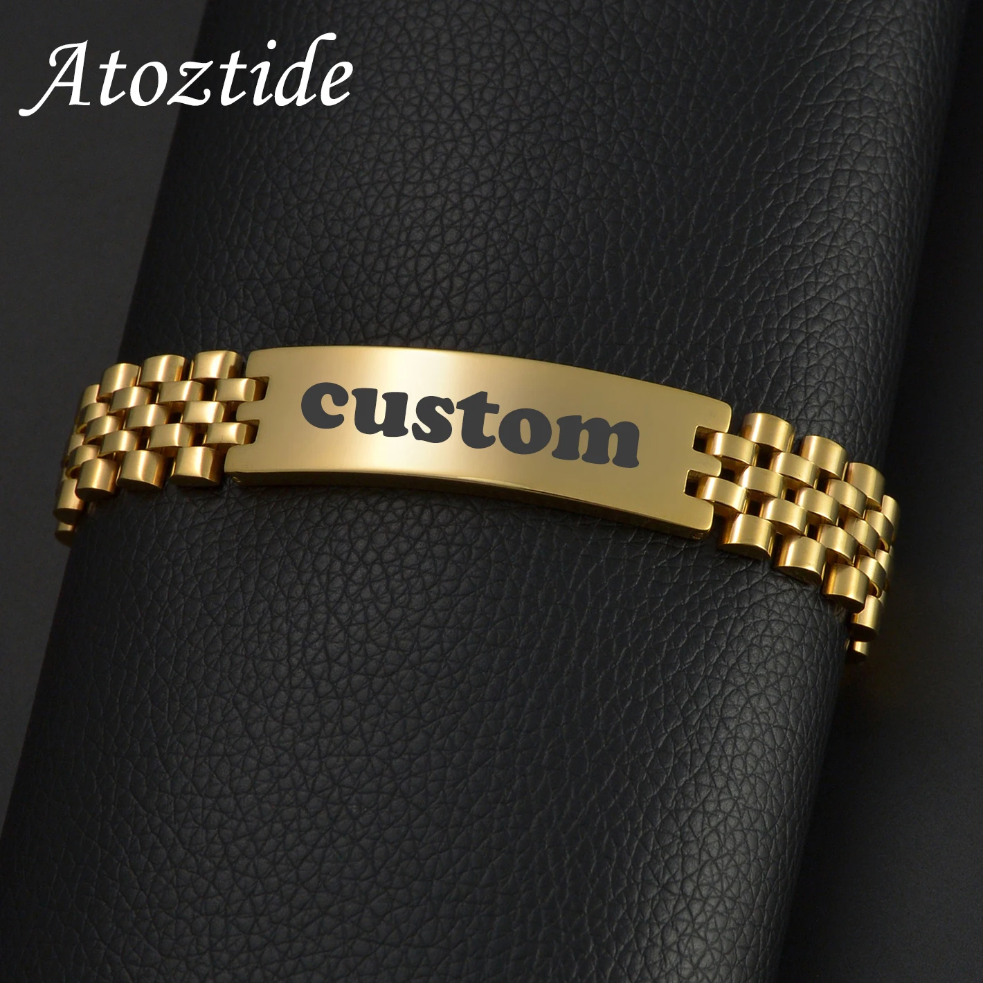 Atoztide 15mm Punk Men Personalised Engraved Name Date Bracelets for Women Thick Chain Bangle Stainless Steel Jewelry Gift