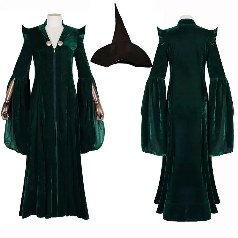 Women Professor Minerva McGonagall Cosplay Costume Dark Green Cloak Trench Dress Wizard Hat Halloween Costume