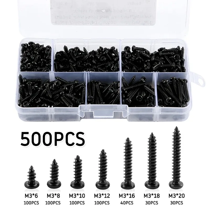 500pcs Pan Head Tapping Screw Cross Head M3*6-20 Self Tapping Screw Set Assortment Kit Black Furniture Carbon Steel