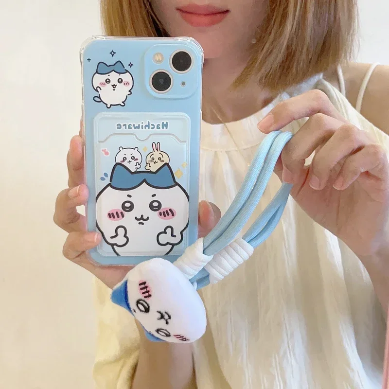 Cute Cartoon Japan Anime Sanrio Chiikawa Card Wallet Pocket Phone Case For iPhone 15 14 13 12 11 Pro Max Cover With Lanyard