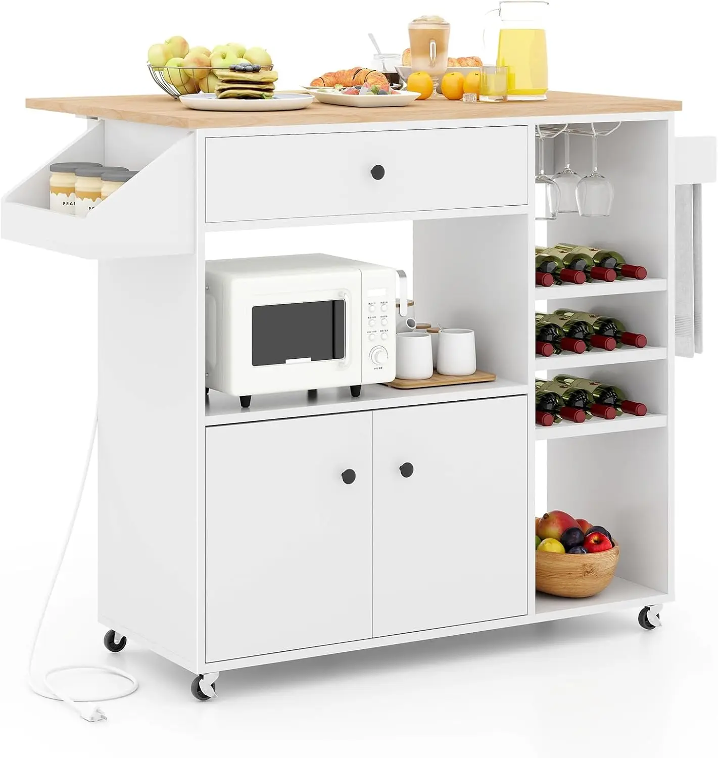 

Rolling Kitchen Island Cart with Drop Leaf, Power Outlet, Spice Rack, 12 Wine Rack, Glass Holder, Drawer, Storage Cabi