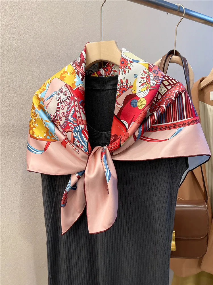 90*90CM Double-sided Scarf Woman Real Mulberry 100 Silk Scarfs  Luxury Brand Designer AB Print Neck Scarves Hand Roller Shawl 18