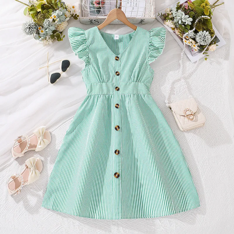 Summer New Light Blue Stripe Ruffled Sleeveless V-Neck Dress Elegant Cute Daily Casual Girl Dress