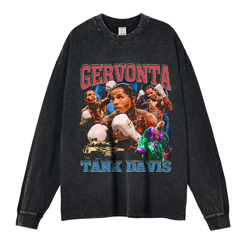 Tank Gervonta Davis Long Sleeve T-shirt Vintage Washed Boxing Sweatshirts Pullover DTG Printing Oversized Tops Tees Men Cotton