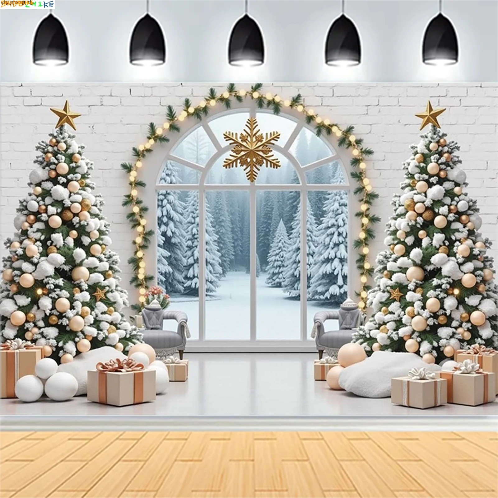 

Christmas Day New Year Party Photography Backdrops Prop Window Living Room Interior Xmas Tree Snow Theme Photo Background FN-66