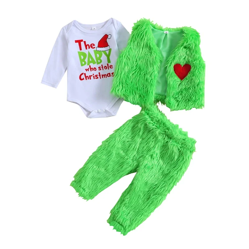 2023-07-20 Lioraitiin 0-24M Newborn Baby Girls Boy Fall Outfits Letter Print Rompers Green Fur Vests Pants Christmas Clothes Set