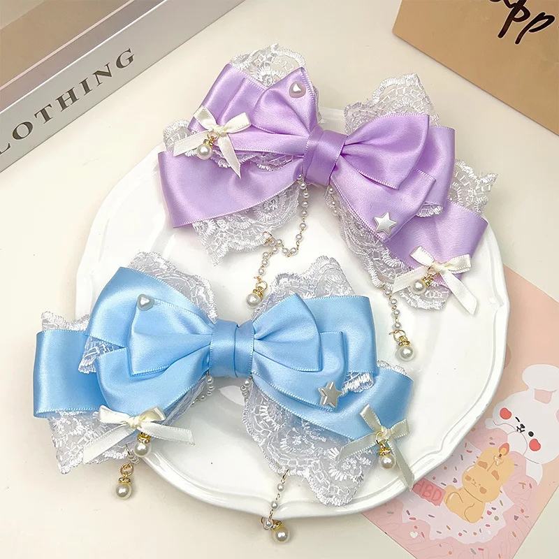 رائعة وحلوة الدانتيل اللؤلؤ سلسلة كبيرة القوس اللؤلؤ الوردي لطيف الأميرة خوذة مشبك شعر اكسسوارات لوليتا خوذة مشبك شعر