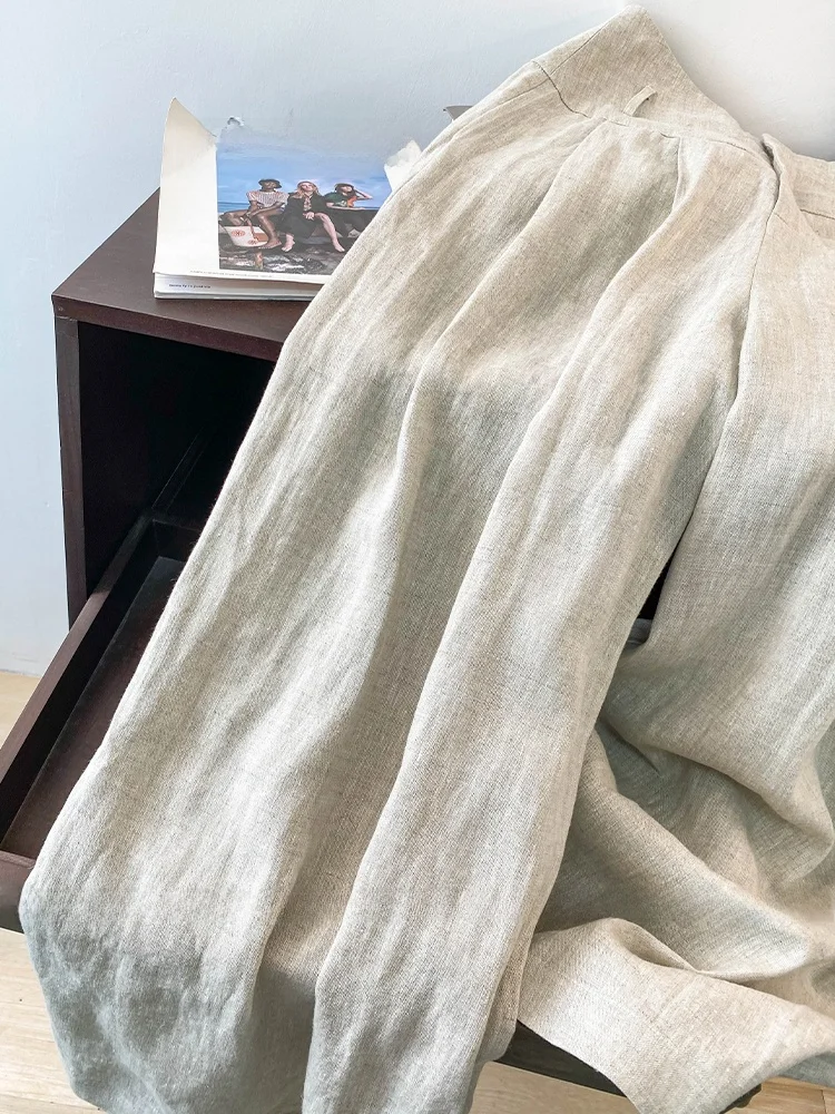 الرجعية القطن الكتان السراويل واسعة الساق تنورة المرأة فضفاضة عالية الخصر ثنيات عارضة خفيفة الوزن الكتان الطابق طول السراويل #4