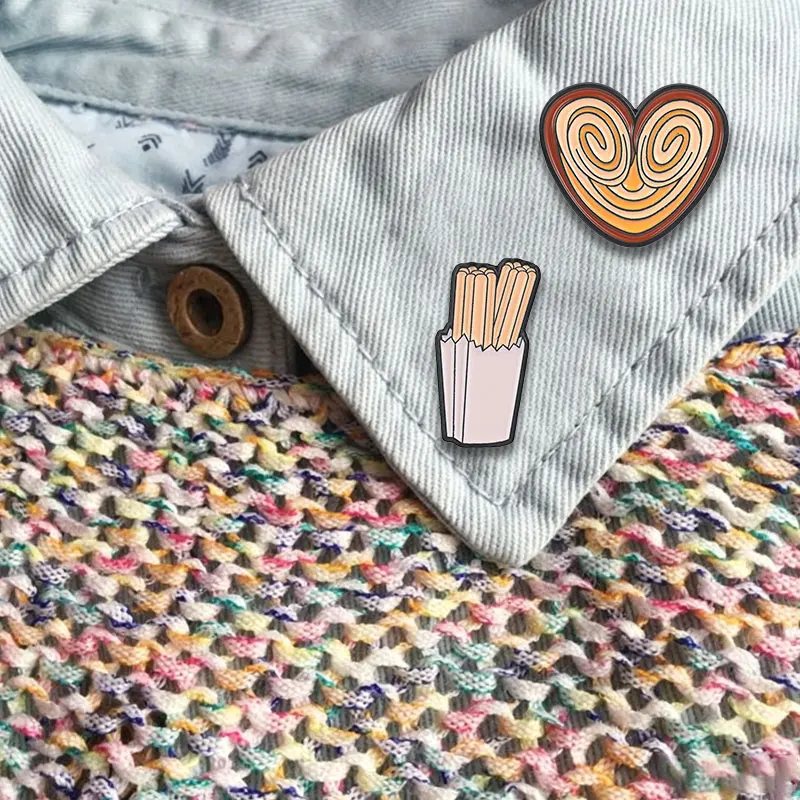 Heart Shaped Spiral Churros Biscuit Enamel Pin Sweet Spanish Snack Churros Brooch for Couples Best Friends Lapel Decoration Gift