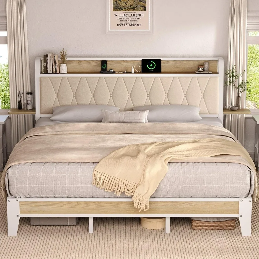 

King Size Bed Frame with Side Storage Shelf, Ergonomic Upholstered Headboard with Charging Station, King Platform Bed Frame, Met