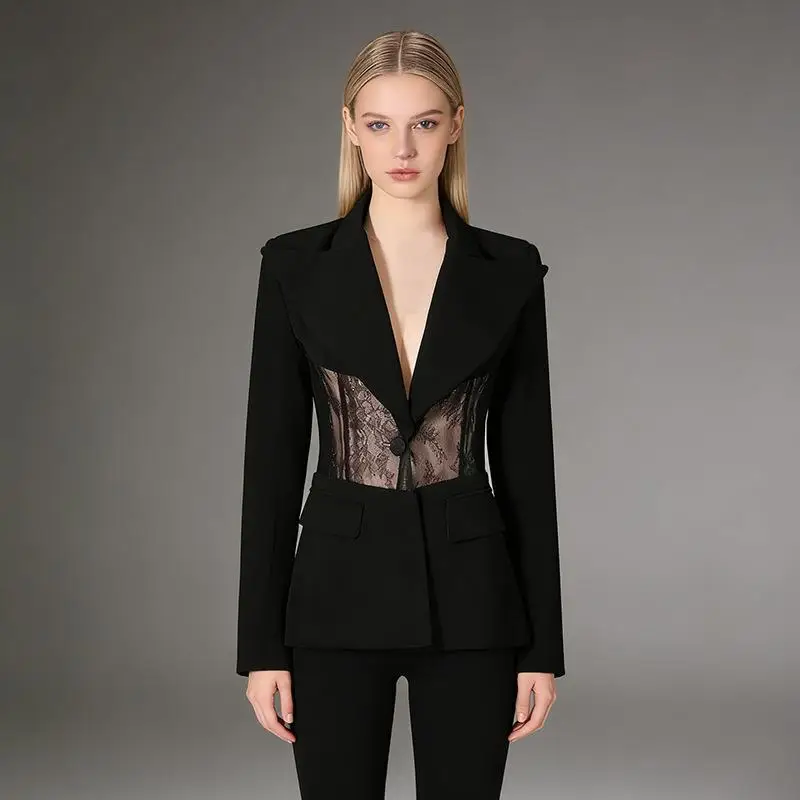 Fashionable Lace Fishbone Waist-Cinching Suit Jacket Women's Commute Style Long Sleeve  Color Spring 2026 Design