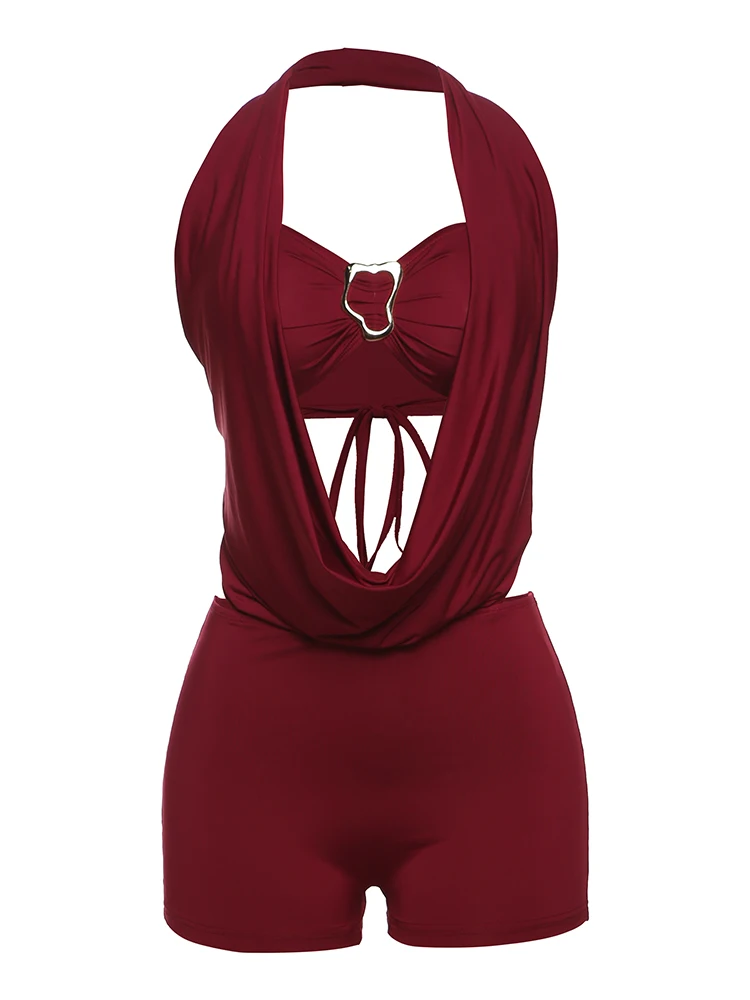 Sisterlinda – combishort dos nu à col oscillant, Sexy, superbe, plissé, dos nu, Slim, barboteuse + intérieur enveloppé sur la poitrine, vêtements de fête