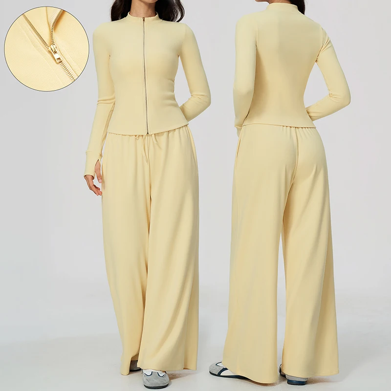 2 Pieces Women Sports Fitness Clothing Yoga Set Zipper Long Sleeve Workout Top High Waist Wide Leg Pants Sports Fitness Outfit