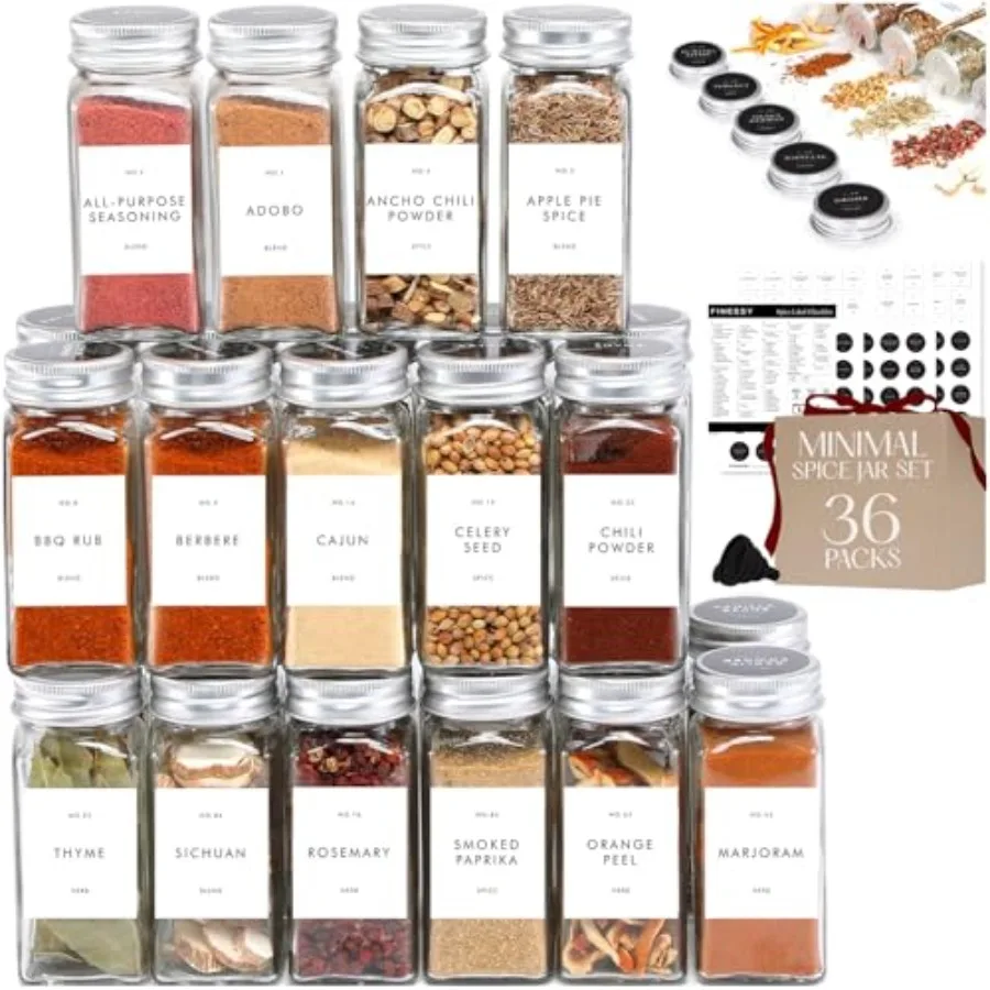 

Kitchen spice storage: clear glass jars with metal lids and shakers, minimalist 36-pack set in transparent color, featuring dur