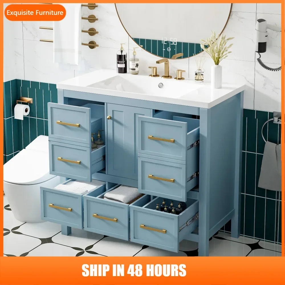 

36'' Bathroom Vanity with Resin Sink Combo, Solid Wood Frame Bathroom Storage Cabinet, Freestanding Vanity Set with 5 Drawers