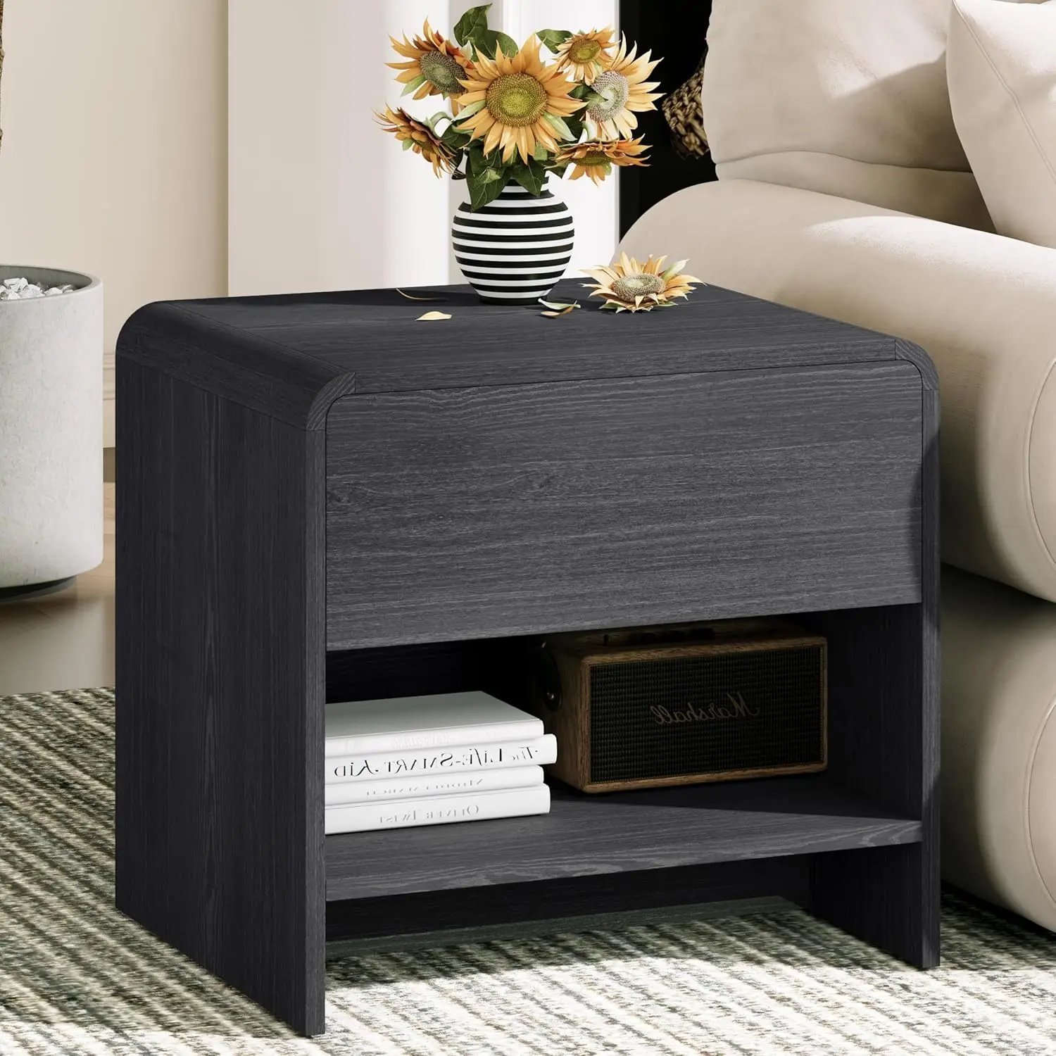 

Nightstand With Drawer And Open Shelf, Wood Bedside Table Farmhouse End Table For Bedroom, Boho Night Stand Small, Customized